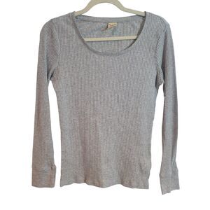 Y2K Ribbed Scoop Neck Long Sleeve Shirt Light Gray Preppy Women's Size Medium M